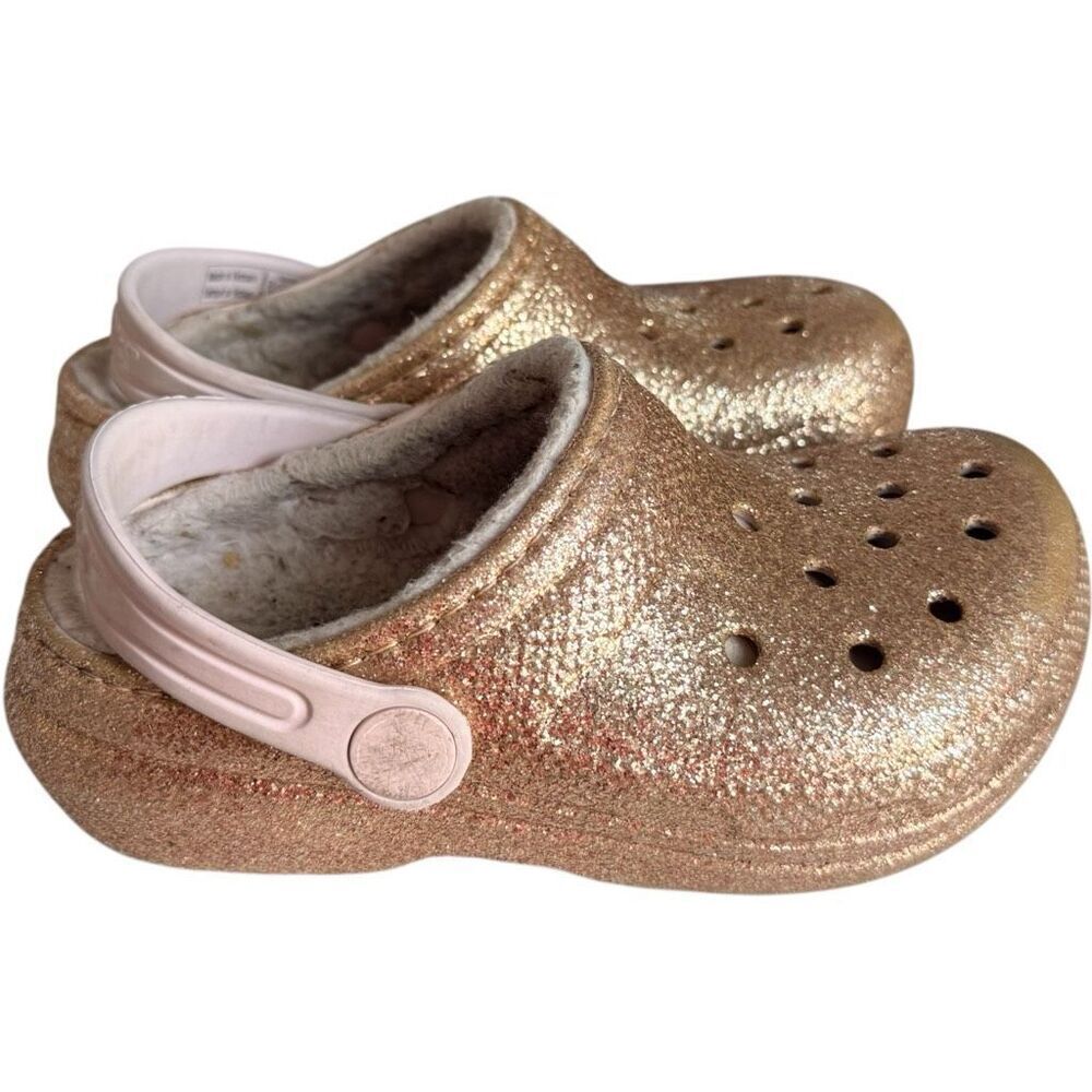 Toddler Girls Sparkly Rose Gold Fur Shimmer Glitter Sparkle Crocs Shoes Sz 10